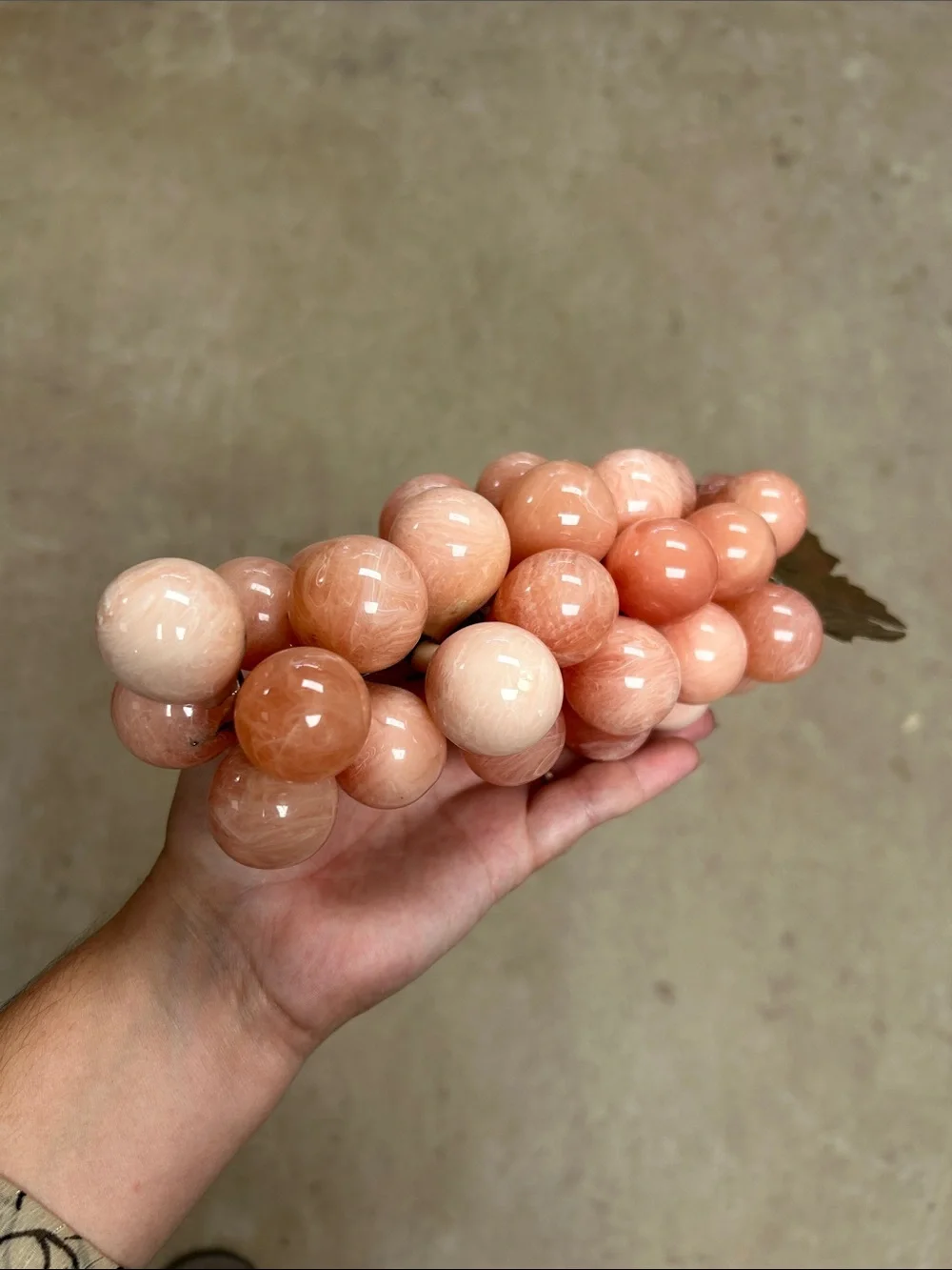 Vintage MCM Pink Lucite Rose Quartz Look Grape Cluster w/ Brass Leaf